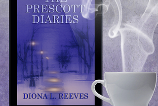 A cup of coffee with The Prescott Diaries novel visible on an e-reader