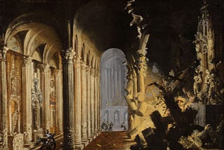 Painting with a scene of a pristine cathedral on the left and tumbling ruins on the right.
