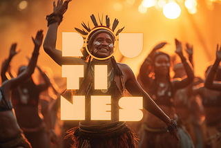 Brazilian Indigenous tribe Tupi Guarani representatives dancing over a sunrise cinematic light, in the forest. There is a typographic work written “Routines” over the photo.