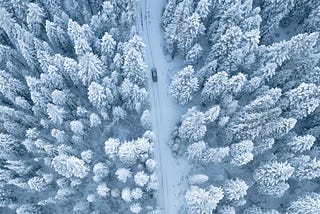 This is a photo of a car on a snowy road surrounded by trees viewed from above.