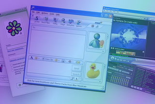 A imagem ilustra interfaces de aplicativos distintos como Facebook, MSN, ICQ, Winamp e Microsoft Media Player