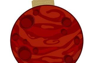 Red graphic of Mars with an ornament hook on top