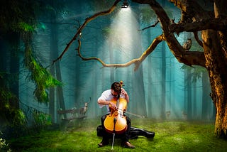 A young man sits alone playing a cello under a spotlight in the forest