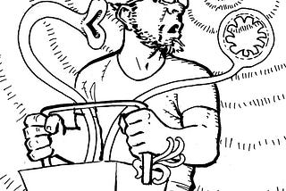 In this illustration by Dark Horse illustrator David Lee Ingersoll, travel writer Joshua Samuel Brown clutches a rectangular box holding two extended plant necks ending in Venus flytrap-like mouths. The author looks confused as a swirling pattern extends from his head.