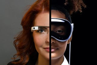 half of a woman’s face wearing Google Glass paired with the opposite half of a different woman’s face wearing Apple’s Vision Pro