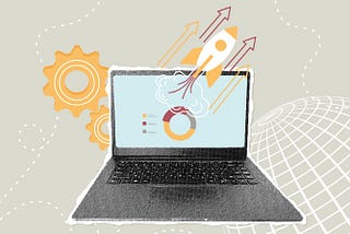 An illustration of a rocket launching from a laptop screen.