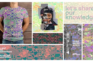 Bassajamba logo and branding in a collage of vibrant images including a t-shirt and photomontages of people’s faces. Text in different sections reads: “Let’s share our knowledge”, “Data and Digital Infrastructure for Underserved Communities”, and “Cross sector action”.