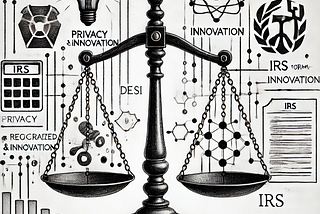 A black and white pencil sketch of a balance scale symbolizing decentralized finance (DeFi) under IRS regulatory scrutiny, with blockchain nodes in the background.