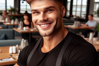 Muscular waiter in black t-shirt