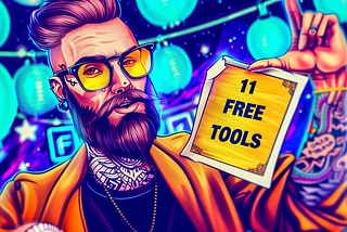 Top 11 Free Crypto Tools for Investors and Traders Discover How These 11 Essential Tools Can Enhance Your Crypto Journey, Free of Charge. 
 a man with tattoo and beard and glasses, holding a big paper with big bold words “11 FREE TOOLS”, AI image created by henrique centieiro and bee lee on midjourney v6