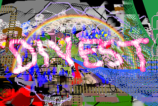 A chaotic image with patterns, bubbles, and a rainbow made in the Tux Paint open source drawing software for kids