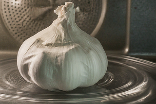 AI-generated image of whole garlic in a microwave oven