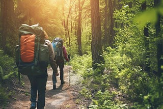 Two hikers with backpacks journeying through a sunlit forest on a serene, peaceful hiking trail.