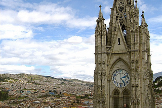 Quito skyline, with basilica in foreground, Ecuador