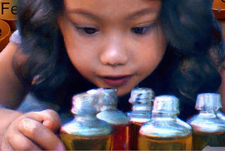 Child looks at olive oil bottles