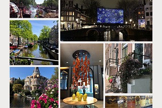 A collection of Amsterdam photos. On the far left from top to bottom: canal parade, a canal with trees and houses, the view on a canal from a bridge with flowers; the top right corner: a  bridge in the dark with light installation; the middle: an interior with violins hanging from the ceiling; on the far right from top to bottom:  the snapshot of a house doorstep with stairs and a flower bush, detail of a wall with yellow tiles.