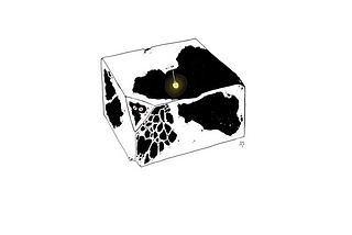 A cube with many holds in it’s sides. A corner is cut out where there is a hole and a pair of red eyes looking through it. On the top part, a glowing yellow light bulb hangs from a apart of the ceiling that isn’t broken. On the front at the bottom right corner some stars, an planets shine. One is a familure pale blue dote with two lighter browns on it’s left with a sun and to it’s right, a bright red dot.