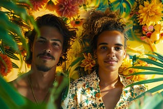 Image created with AI, Midjourney prompt, artificial intelligence, shows a woman and a man in a tropical setting.