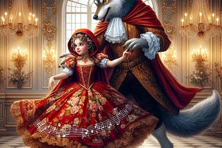Little Red Riding Hood and the Wolf, dancing in a beautiful ballroom, clad in baroque garments