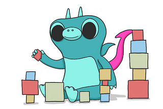 A drawing of Sparky the boldstart mascot stacking building blocks.