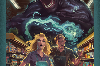 Perky clerks get goosebumps in aisle 5 as the demonic Boss Monster rises up behind them with comedy horror overtones.