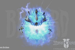 A fan art of a character from the video game StarCraft 2 called Protoss Archon.