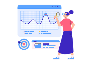 An illustration of a girl showing data visuals in a screen