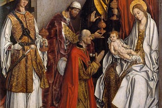 A painting depicting three magi presenting their gifts. Mary holds the baby Jesus, while Joseph stands in the background. One magus is kneeling (and has already handed his gift to Joseph, who holds it). Another reaches out with his gift.