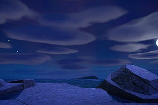 Pictured: a screenshot taken in Animal Crossing New Horizons. Night sky with clouds and moon above, rocks and ocean beneath.