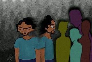 A person wearing a teal tee and blue pants with a hair bun, moustache and beard crying and the same person smiling at silhouettes of people. Both the crying and smiling visuals of the person are blurred in between. The backdrop is an abstract of greying out looming shadows.