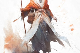 A humanoid figure in draped robes stands in contemplation. She has long white hair and an arched, fractal scar on one cheek. She carries a tall, polished walking cane and carries a bag on one hip.