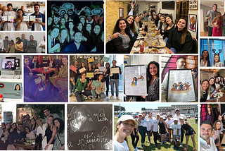 A collage of diverse moments showing groups of people celebrating, working, dining, and having fun together. Images range from team gatherings with props and signs, office and remote work scenes, relaxed meals with friends, outdoor group activities, to casual and celebratory moments among colleagues and friends. The vibe is positive, reflecting camaraderie, teamwork, and shared experiences