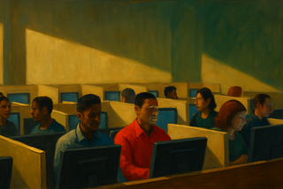 Workers in Cubicles. One stands out amongst the rest.