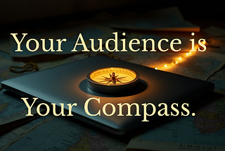 “A glowing compass sits atop a closed laptop surrounded by world maps and string lights in a dark room. The compass casts a warm light, illuminating a clear path through scattered maps — symbolizing clarity, direction, and focused blogging amidst digital noise.”