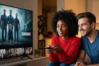 A couple sits together on a couch in a cozy living room, watching a streaming service on their large wall-mounted TV. The woman, wearing a red knit sweater, holds a remote control while smiling at the screen. The man, in a blue v-neck shirt, sits close beside her with his arm around her, also looking at the TV with a smile. The TV displays what appears to be an action movie or series with several men in suits, and there’s a “SKIP INTRO” button visible on the screen.