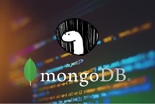 A background of screen with some code/script and an overlay of Deno logo and MonogoDB logo