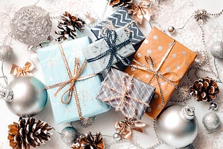 Wrapped packages for Christmas and extra ornaments and glitter of the holiday season