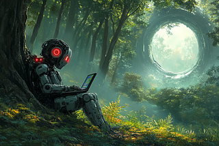 A cute robot codes his little software project. Image by Midjourney.
