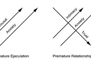 During premature ejaculation, arousal and anxiety increase simultanteously. During Premature Relationship Ejection, Intimacy and Anxiety increase at the same time while trust decreases.