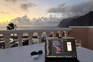 Working with the cliffs of Los Gigantes, Tenerife in the evening as a backdrop with a beautiful view of the Atlantic Ocean.