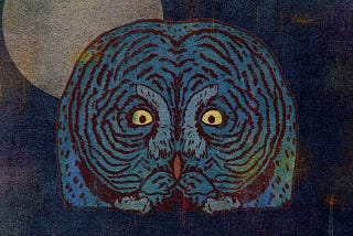 An illustration of a blue owl with yellow eyes and orange beak, a large moon to the upper left behind the owl. A tower with an red light is in the lower right corner. The illustration is ominous.