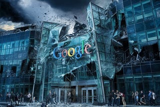 A dramatic and dystopian scene of a Google headquarters building, with its glass facade shattered and the structure visibly damaged.