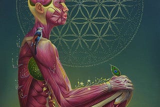 A Psychedelic art of Human by Marc Salamat. A person having only muscles visible and nature peacefully surrounding him/her.