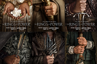 6 pequenos cartazes da série Anéis do Poder, cada um com o tronco de um personagem segurando algo: uma flor, espadas, uma flecha. Não vemos os rostos de nenhum deles.