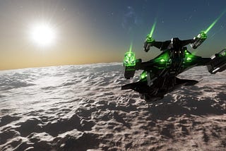 Spaceship from Elite Dangerous Odyssey approaching a planet with minimal atmosphere at sunrise.