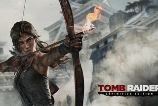 The splash screen that shows up when you boot Tomb Raider Definitive Edition on a console, showing Lara Croft aiming a bow and arrow.