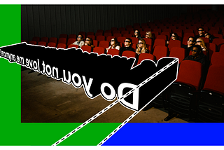 People watching movies in cinema with 3D glasses. A superimposed illustration of 3D text appearing in front of the audience.