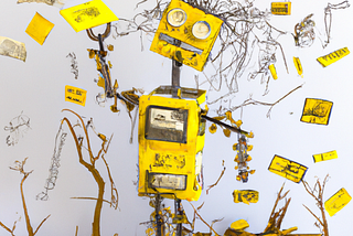 “A happy yellow robot learning in the style of Anselm Kiefer” (DALL·E)