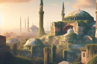 Prompt: “A realistic high-resolution photo of Hagia Sophia and Istanbul skyline covered with green vines and mosses as if no human touched them for 1000 years. Retro style, sunset, light filtering from the mosque minaret, partly cloudy sky.”