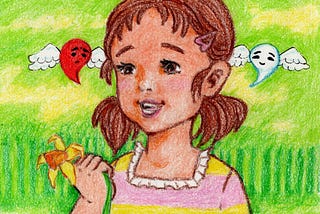 Illustration of a four year-old girl gazing happily at a slightly crumpled daffodil in her hand. To the left, is a red paisley shaped creature with wings and a worried look. To her right, is a similar creature, but white and with a dreamy look.